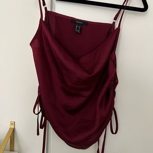 Maroon silk crop top with adjustable side ties